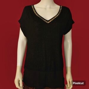 3/$30 Black Metallic Beaded Plunging V-Neck Short Sleeve Holiday Blouse